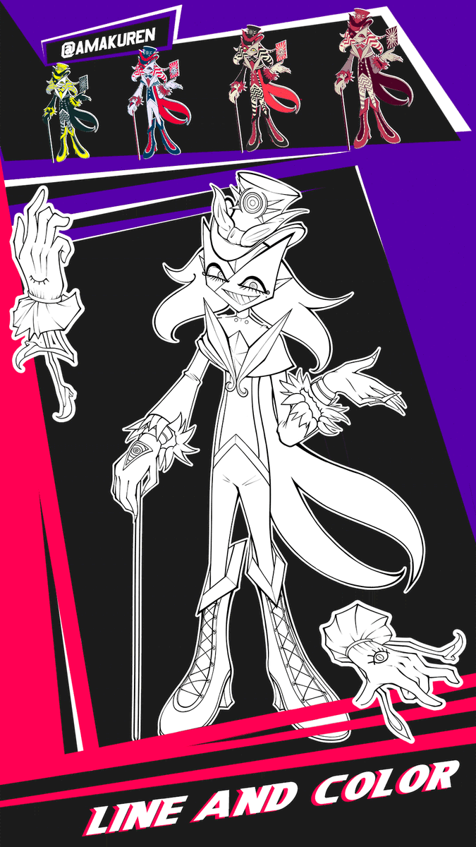 Amakuren's tweet photo. Let's take a look at Willy, another one of the monsters made for my artbook. 

He's a sly dramaturge, always trying to put up a show. Drawing it, I took inspiration from the Mad Hatter character archetype, and character like Alastor from Hazbin Hotel and Princess from DemonDice. For the textures, I tried to implement the same type of razzle-dazzle camouflage used in the ships during WW1.

I hope I managed to convey a bit of his tricky side with those things :)

| #OC | #Monster | #Doodles | #AnimeArt | #Sketches | 
| #CharacterDesign | #anime | #illustration | #Illusoria |
| #conceptart | #artbook | #RPG | #JRPG | #popart | 
| #opart | #Illustration | #amakuren | #mangaart | #wip|
| #Drawing | #digitalart | #artistsontwitter |  #漫画 | 
| #artworks | #conceptart | #コンセプトアート | #特撮 |
| #ダダ | #描きさんと繫がりたたい | #化け物 | #創作  |
| #イルソリア | #イラスト |  #絵描き | #怪獣 | #RKGK |
| #ファンタジー | #無名絵師 | #落書き | #アニメ | 
| #獣イラスト | #絵柄が好みにフォローされたい  |
| #創作クラスタさんと繋がりたい | #オリキャラ |