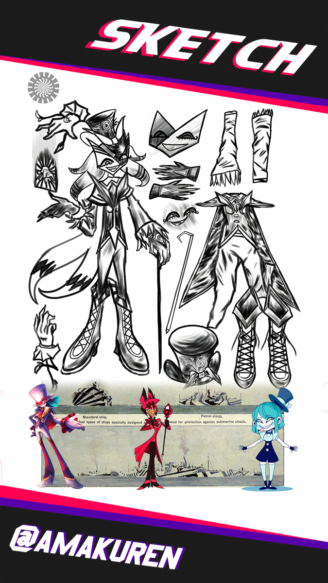 Amakuren's tweet photo. Let's take a look at Willy, another one of the monsters made for my artbook. 

He's a sly dramaturge, always trying to put up a show. Drawing it, I took inspiration from the Mad Hatter character archetype, and character like Alastor from Hazbin Hotel and Princess from DemonDice. For the textures, I tried to implement the same type of razzle-dazzle camouflage used in the ships during WW1.

I hope I managed to convey a bit of his tricky side with those things :)

| #OC | #Monster | #Doodles | #AnimeArt | #Sketches | 
| #CharacterDesign | #anime | #illustration | #Illusoria |
| #conceptart | #artbook | #RPG | #JRPG | #popart | 
| #opart | #Illustration | #amakuren | #mangaart | #wip|
| #Drawing | #digitalart | #artistsontwitter |  #漫画 | 
| #artworks | #conceptart | #コンセプトアート | #特撮 |
| #ダダ | #描きさんと繫がりたたい | #化け物 | #創作  |
| #イルソリア | #イラスト |  #絵描き | #怪獣 | #RKGK |
| #ファンタジー | #無名絵師 | #落書き | #アニメ | 
| #獣イラスト | #絵柄が好みにフォローされたい  |
| #創作クラスタさんと繋がりたい | #オリキャラ |