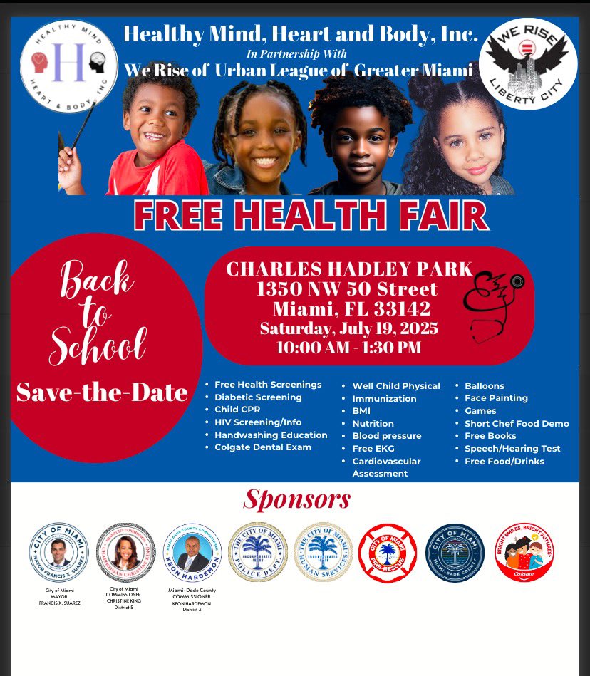 🎉 Let’s rise together and build a healthier community!
#BackToSchool #FreeHealthFair #WeRiseLibertyCity #HealthyKids #MiamiEvents #CommunityFirst