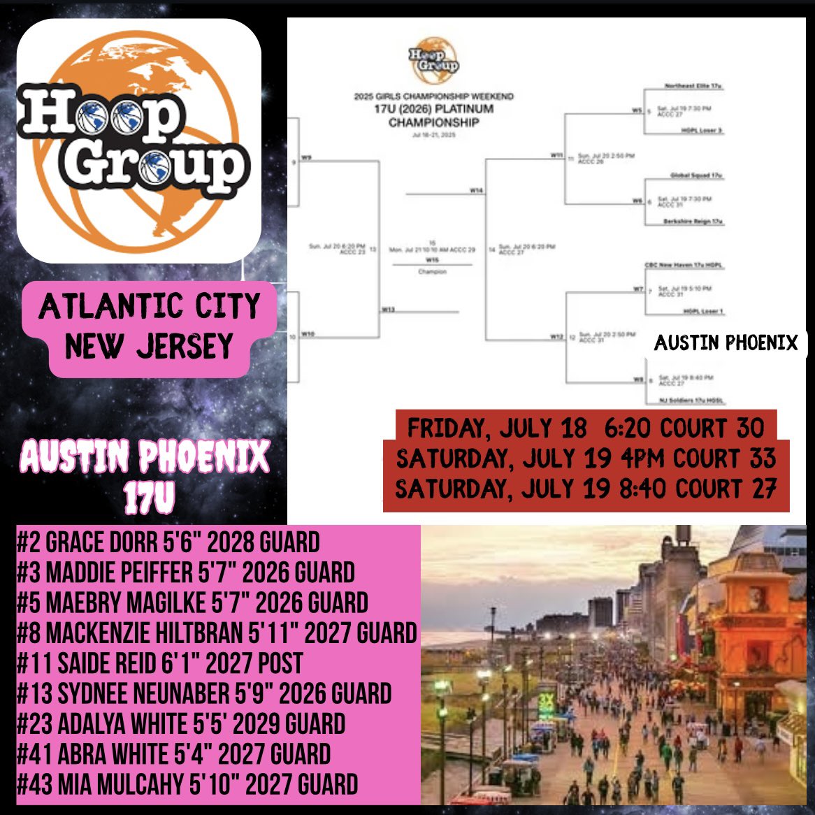 Austin Phoenix is playing in Atlantic City, New Jersey in the <a href="/hgsl_girls/">Hoop Group Girls</a> Championships on July 18-21🔥
Let’s go‼️
<a href="/EJayArrow/">E J 🏀</a>