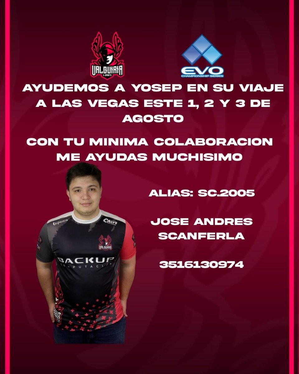 Bueno chicos, debido a que voy a viajar a Las Vegas para ir a jugar el EVO, gaste mucha plata por todos los tramites hechos, asi que voy a estar dejando mi alias para cualquier donación que quieran realizar, por mas mínima que sea, va a ser de muchísima ayuda!
Abajo los datos: