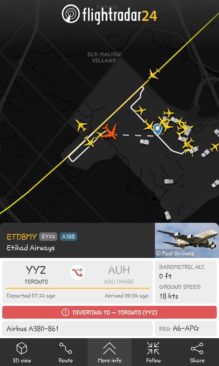 Cam3ra1's tweet photo. @etihad @TorontoPearson @flightradar24 UPDATE : EY 22 looks like its return is possiblely due to a medical emergency. https://t.co/5mwXz9JNtn
