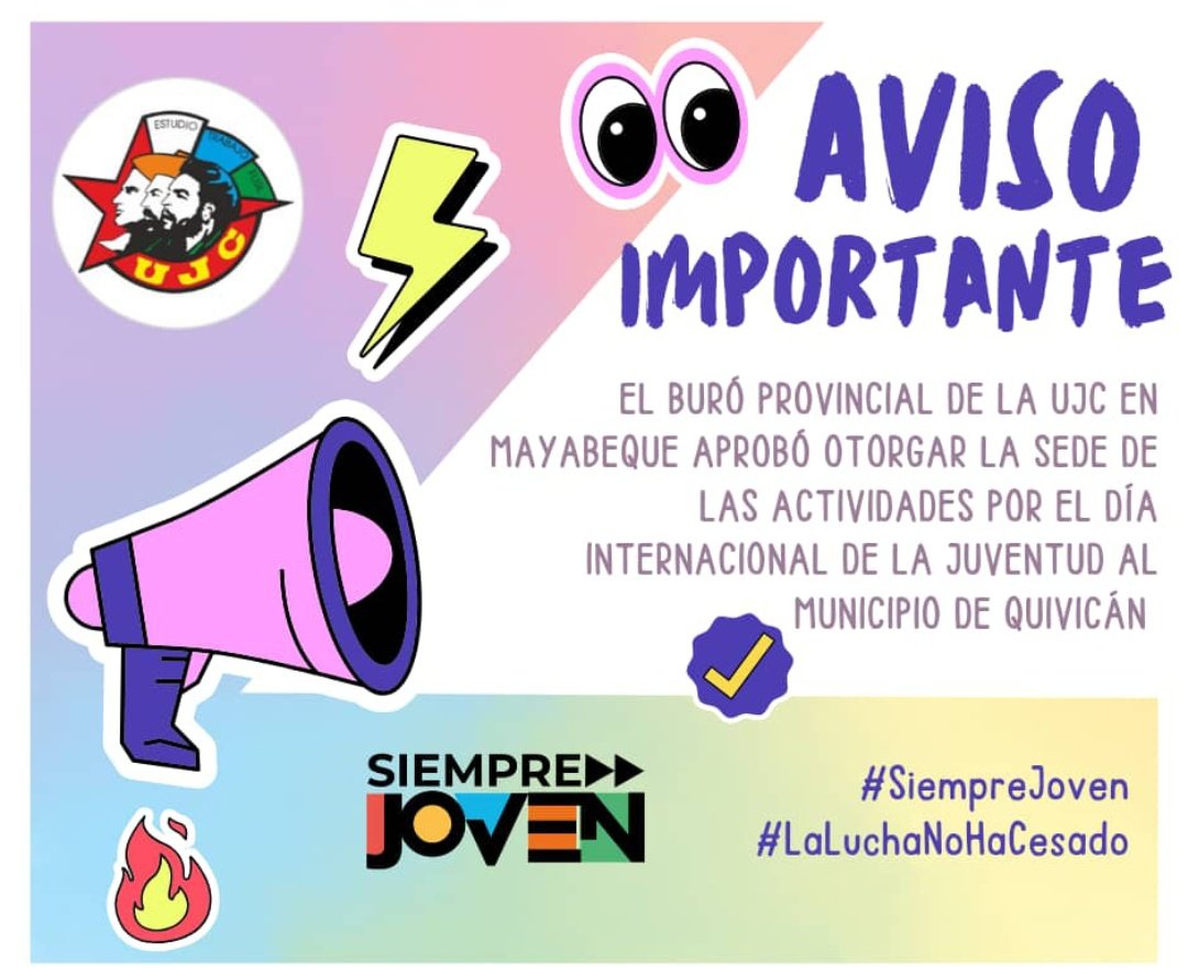 #Mayabeque ///

¡Atención, jóvenes! 📣 Quivicán se viste de gala para celebrar el Día Internacional de la Juventud.

 ¡Serán la sede de un día lleno de actividades, inspiración y mucho futuro!

 ¡No te quedes fuera, la juventud toma el protagonismo en Quivicán!