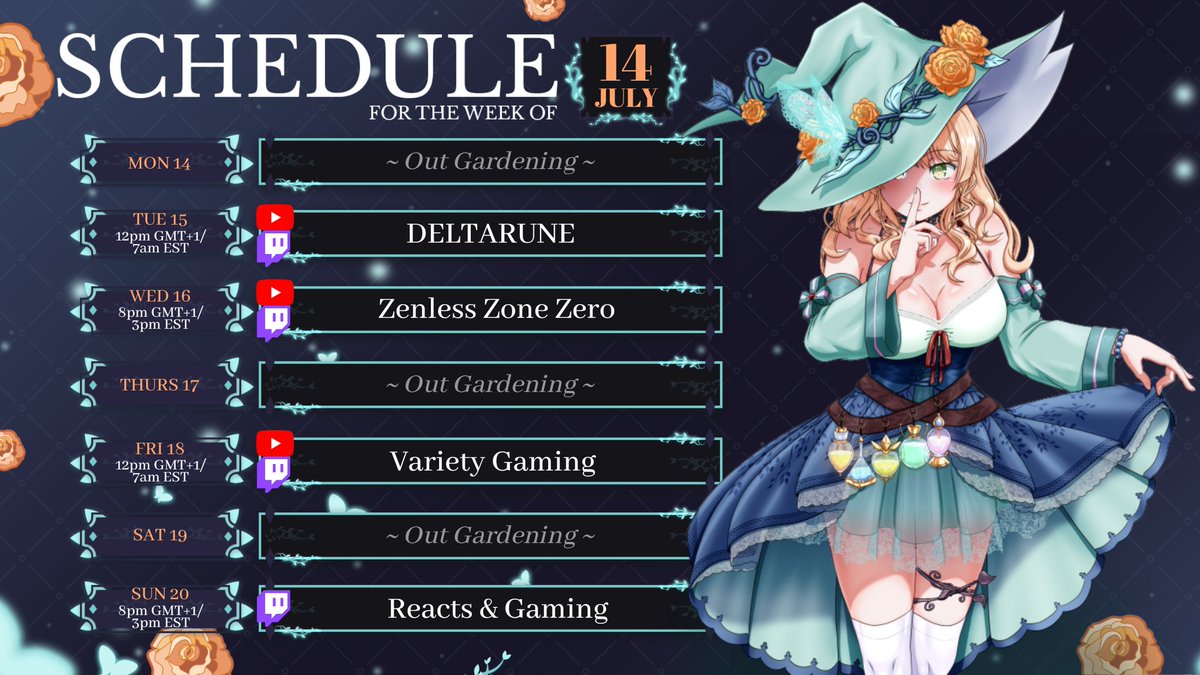 SpookieRose's tweet image. 🌹Schedule for July 14th - 20th 🌹
Big announcement tomorrow, too 👀