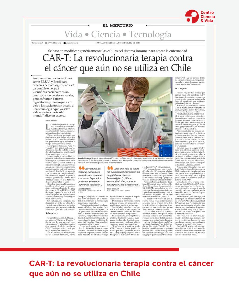 🔬 Las terapias CAR-T ya están aprobadas en países como EE.UU. y Brasil, pero en Chile aún no se usan en pacientes. Científicos nacionales, como el Dr. <a href="/AlvaroLladser/">Alvaro Lladser</a>, trabajan en su desarrollo local. 
📌 Conoce más en el siguiente enlace: cienciavida.org/2025/07/car-t-… 
#CentrosAnid