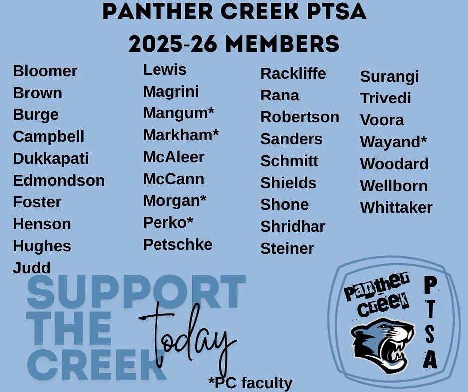 Have YOU joined yet?

Look at all the amazing Panther Creek families, students &amp; staff who’ve joined the PTSA for 2025–26! 💙🙌

🎯 Join by Aug 1 to enter a $50 gift card drawing!

✅ panthercreekptsa.givebacks.com/store

#PantherCreekPTSA #JoinThePTSA #BackToSchool