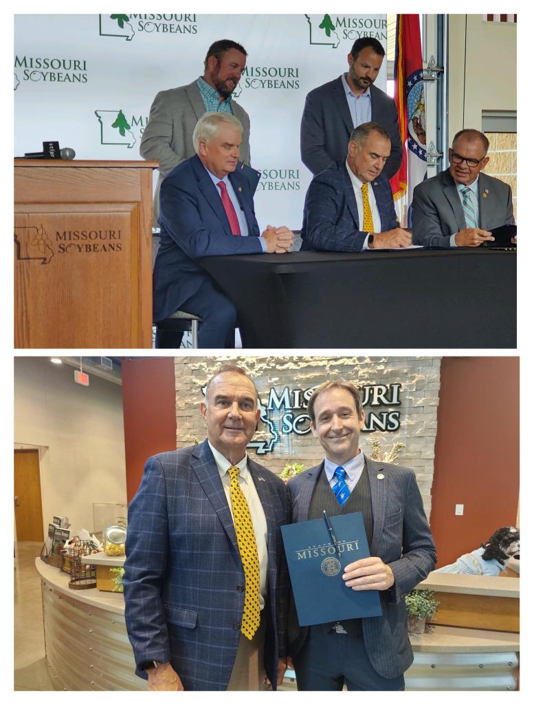 Today at the Missouri Soybean Association, Governor Kehoe signed SB 82, Missouri's water security bill which prohibits the mass exporting of water out of our state. I was proud to co-sponsor SB 82 and help Senator Berger move it through the General Assembly.