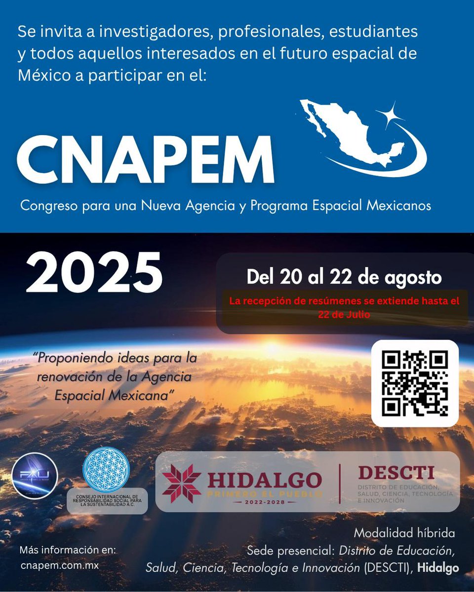 ¡Conecta con los líderes del sector espacial en México! 
Te invitamos al 1er CNAPEM. Una oportunidad única para escuchar, proponer y dialogar con expertos sobre el futuro del sector espacial en México:
20 al 22 de agosto 2025. Formato: presencial y virtual
Participa!