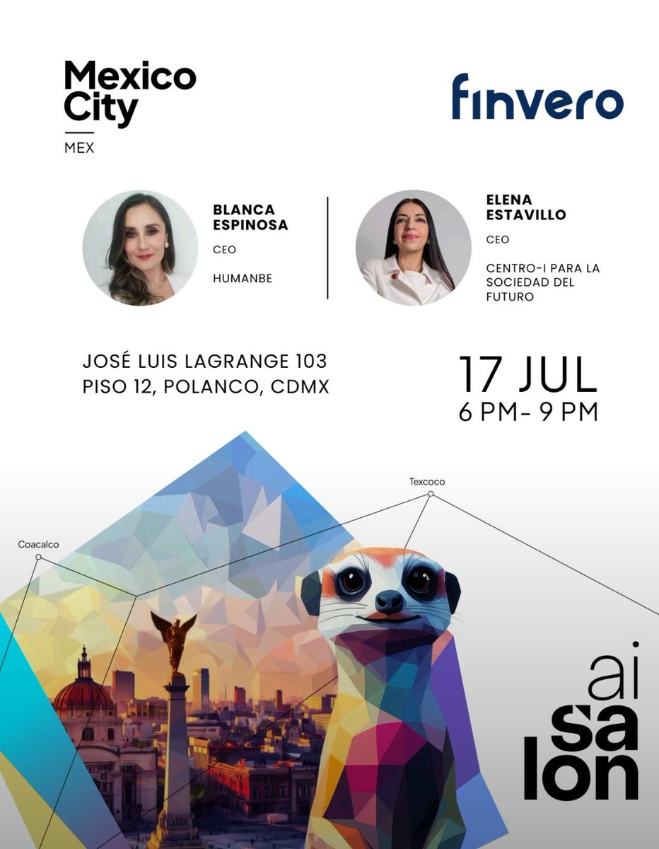 #AISalon #InteligenciaArtificial #Etica #MexicoCity <a href="/elenaestavillo/">elena estavillo</a>
Jueves 17 de julio, 6:00pm 
Registro lu.ma/AI-Salon-Mexic…