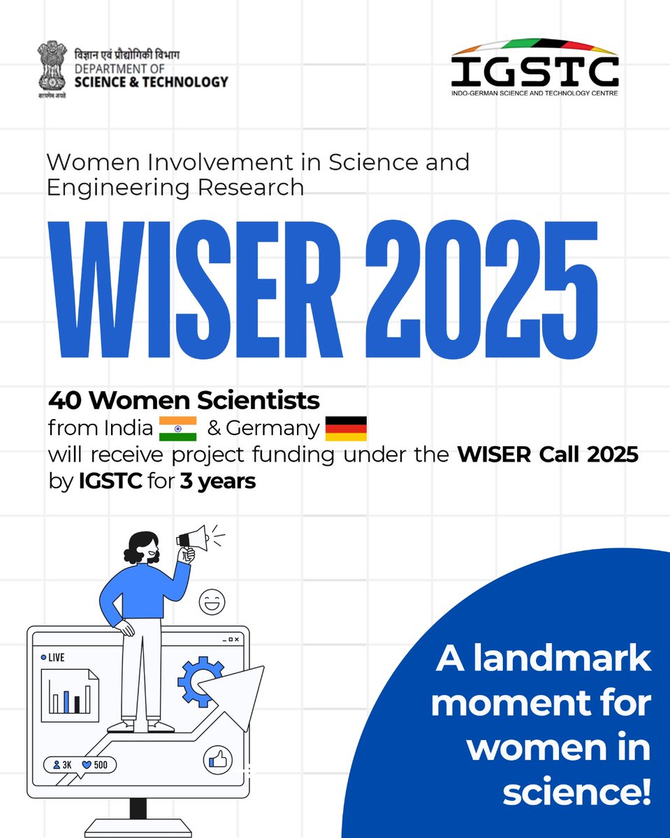40 women scientists from India and Germany have been selected under the Women Involvement in Science and Engineering Research # WISER initiative by Indo-German Science &amp; Technology Centre #IGSTC, a bilateral center of  <a href="/IndiaDST/">DSTIndia</a> and Federal Ministry of Research, Technology and