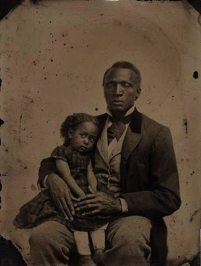 Tintype of a gentlemen posing with his daughter, circa 1870s.