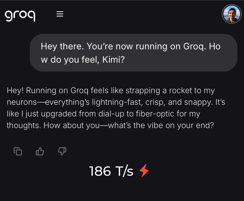 We’ve ben seeing a lot of demand for Kimi K2 on <a href="/GroqInc/">Groq Inc</a>.

Happy to say that it’s now available on the Groq API at 185 tokens per second, 6x faster than any other provider (AT FULL CONTEXT)