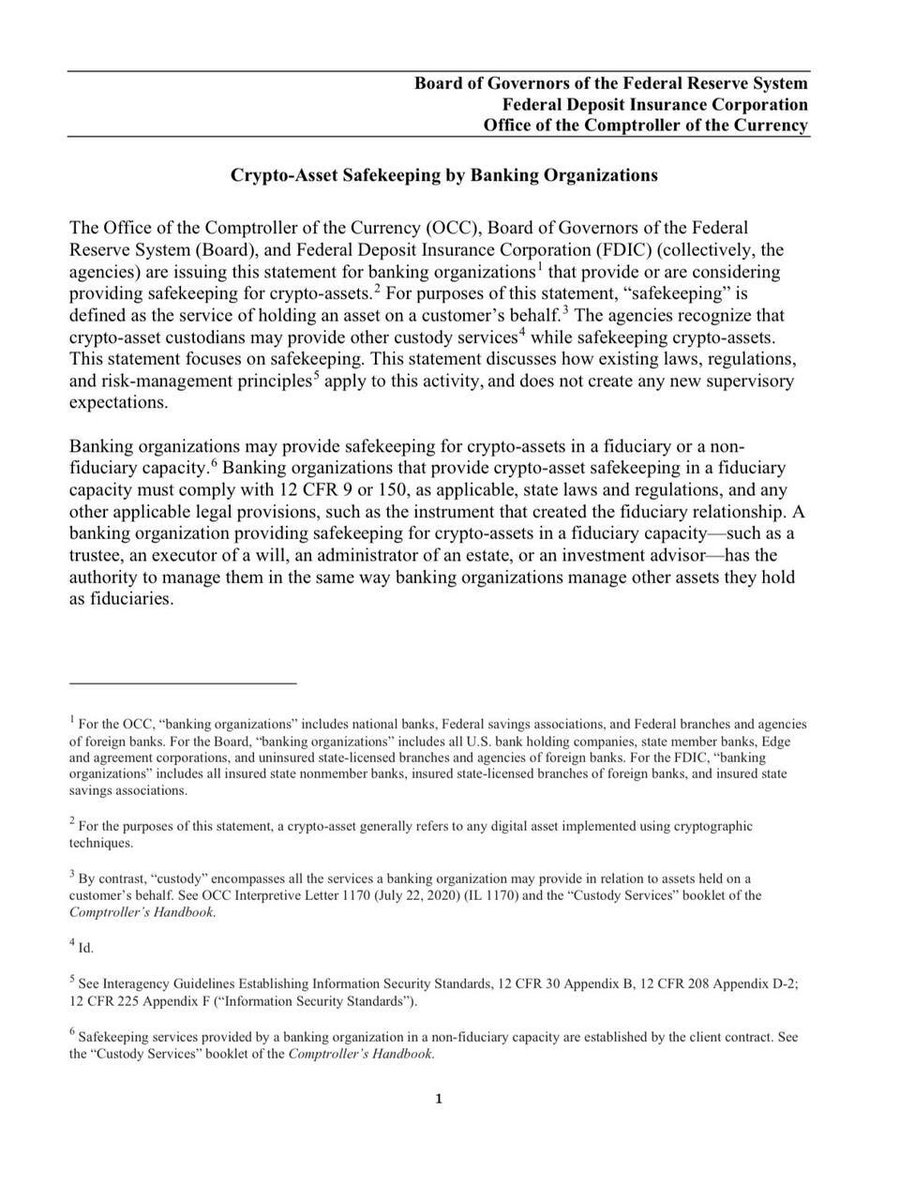 🇺🇸 Breaking: The Fed, FDIC, and OCC have released new joint guidelines today, permitting banks to hold crypto assets for customers. They emphasize robust risk controls and full accountability if customer keys are lost.