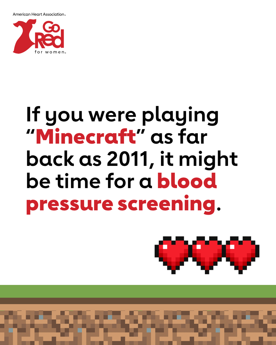 GoRedForWomen's tweet image. High blood pressure raises the risk of heart attack and stroke. It can sneak up on you like a creeper, and in this world, you won’t respawn.
