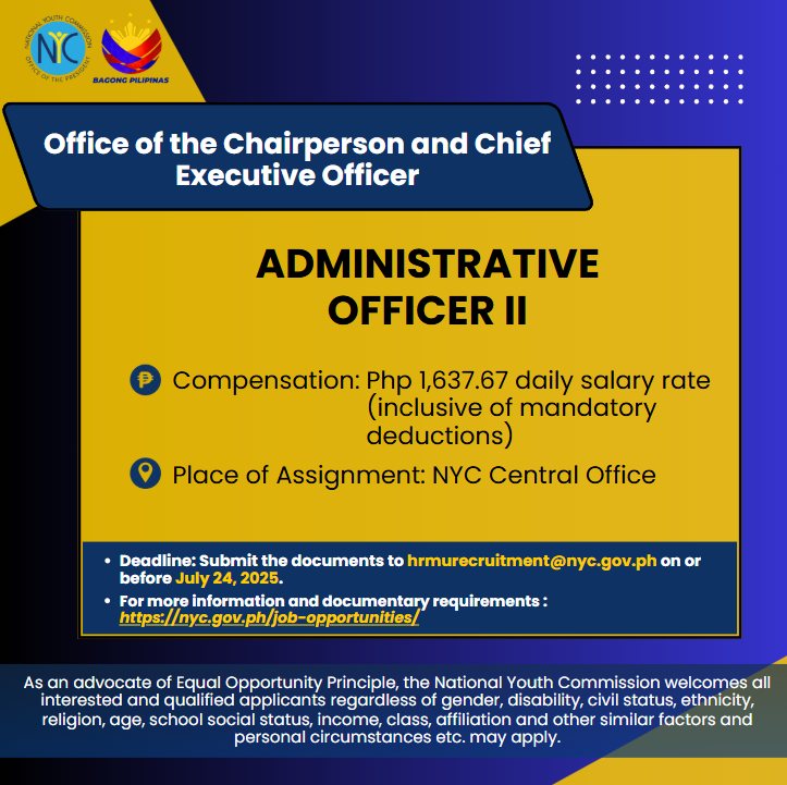 WE ARE HIRING!
This is to inform the public that the National Youth Commission (NYC) has two (2) vacant Contract of Service positions:

More: facebook.com/nationalyouthc…