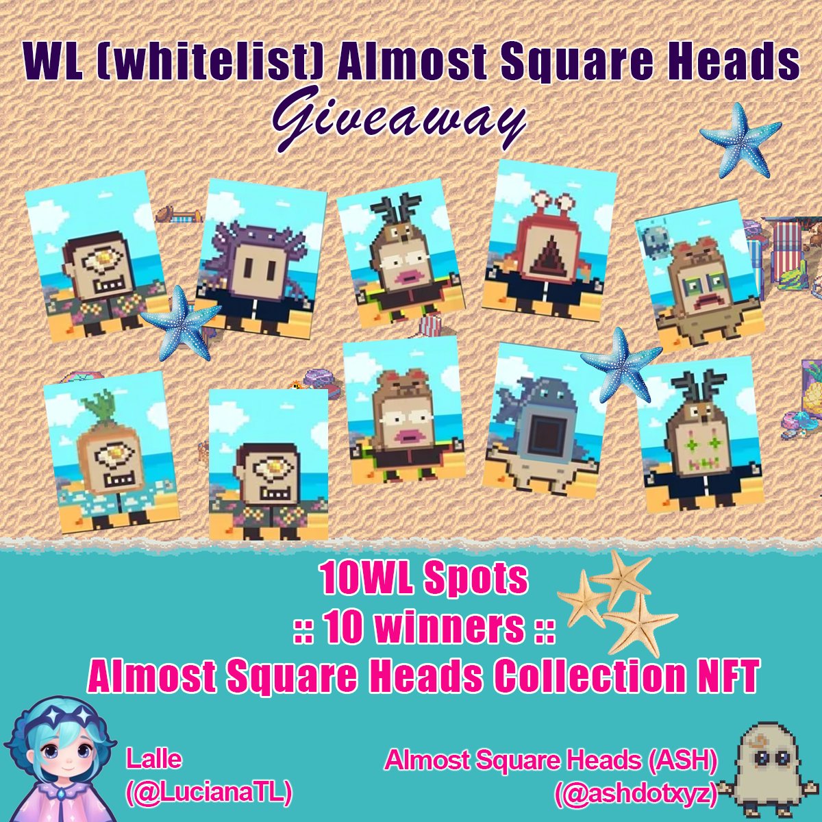 ✨WL (whitelist) Almost Square Heads (ASH) Collection NFT giveaway✨

1⃣Follow Lalle (<a href="/LucianaTL/">Lalle</a>) and Almost Square Heads (ASH) (<a href="/ashdotxyz/">Almost Square Heads (ASH)</a> ) 
2⃣Drop your Wallet address 
3⃣tag 3 friends 
4⃣Like and RT

🥳Winners will be announced on July 18th!✨

👉Learn more about the project