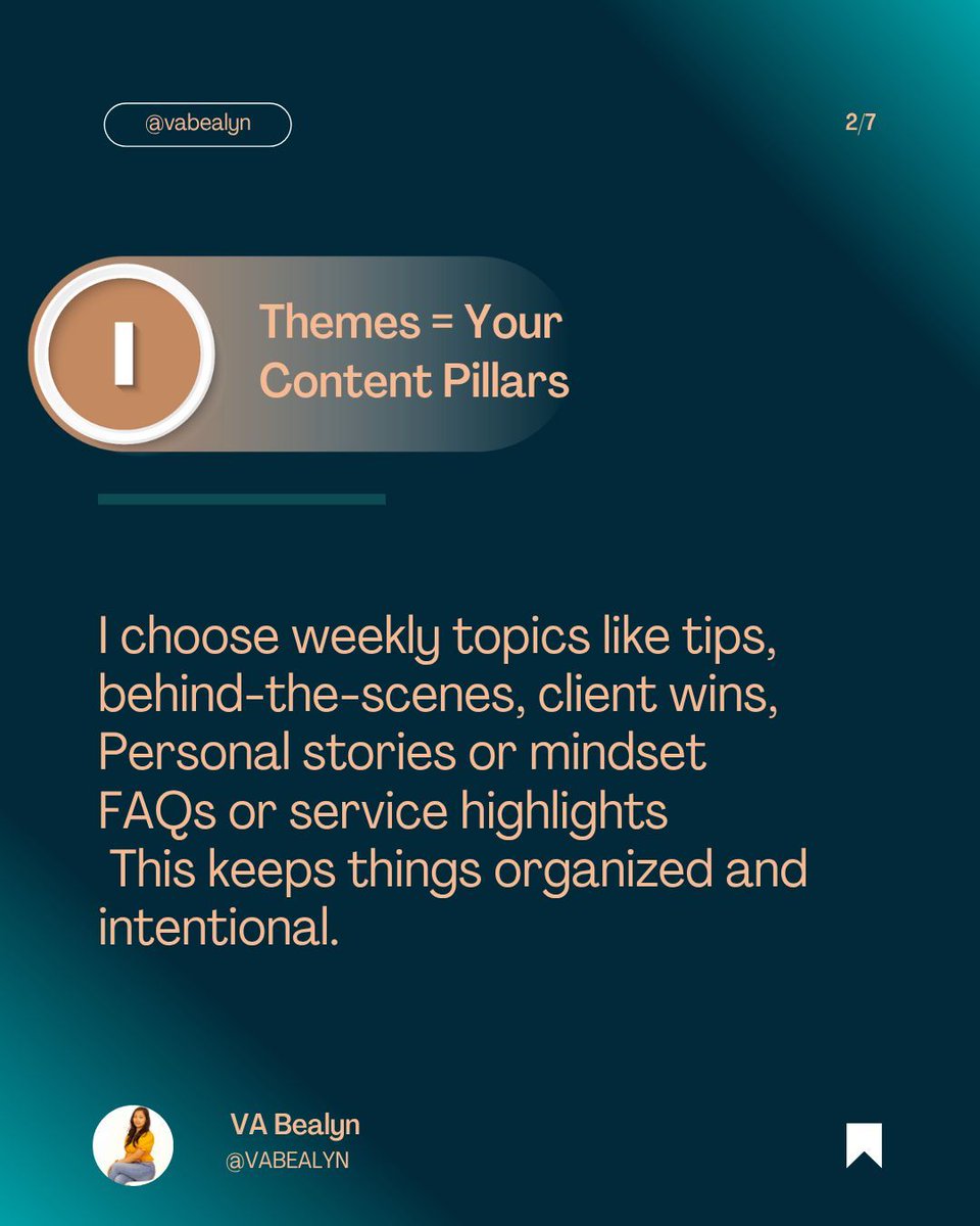 BealynVa's tweet photo. 4 Content Planning Tip for VAs + SMM
 📌 Themes Your Content Pillars 
📌 Trends Fresh &amp; Fun 
📌 Goals Purpose Behind Every Post  
📌 Putting it All Together 
This method makes planning less stressful and helps content actually do 
#VirtualAssistantJourney https://t.co/uoaEuCqyQb