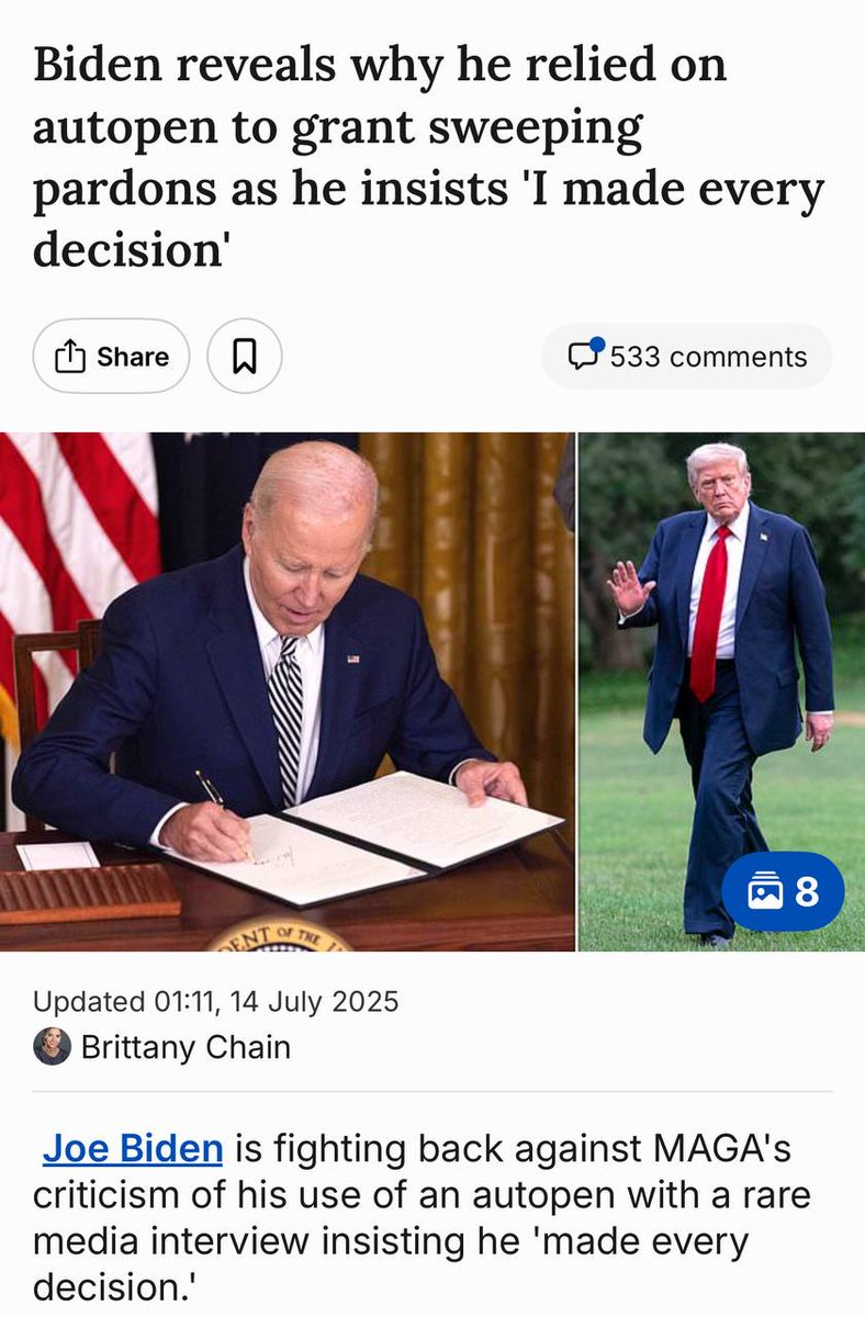 The ailing 82-year-old former president, who is battling prostate cancer, revealed he instructed staffers to use an autopen to grant sweeping pardons on his behalf because there were simply too many for him to sign by hand. mol.im/a/14902533

He went back into hiding. He's