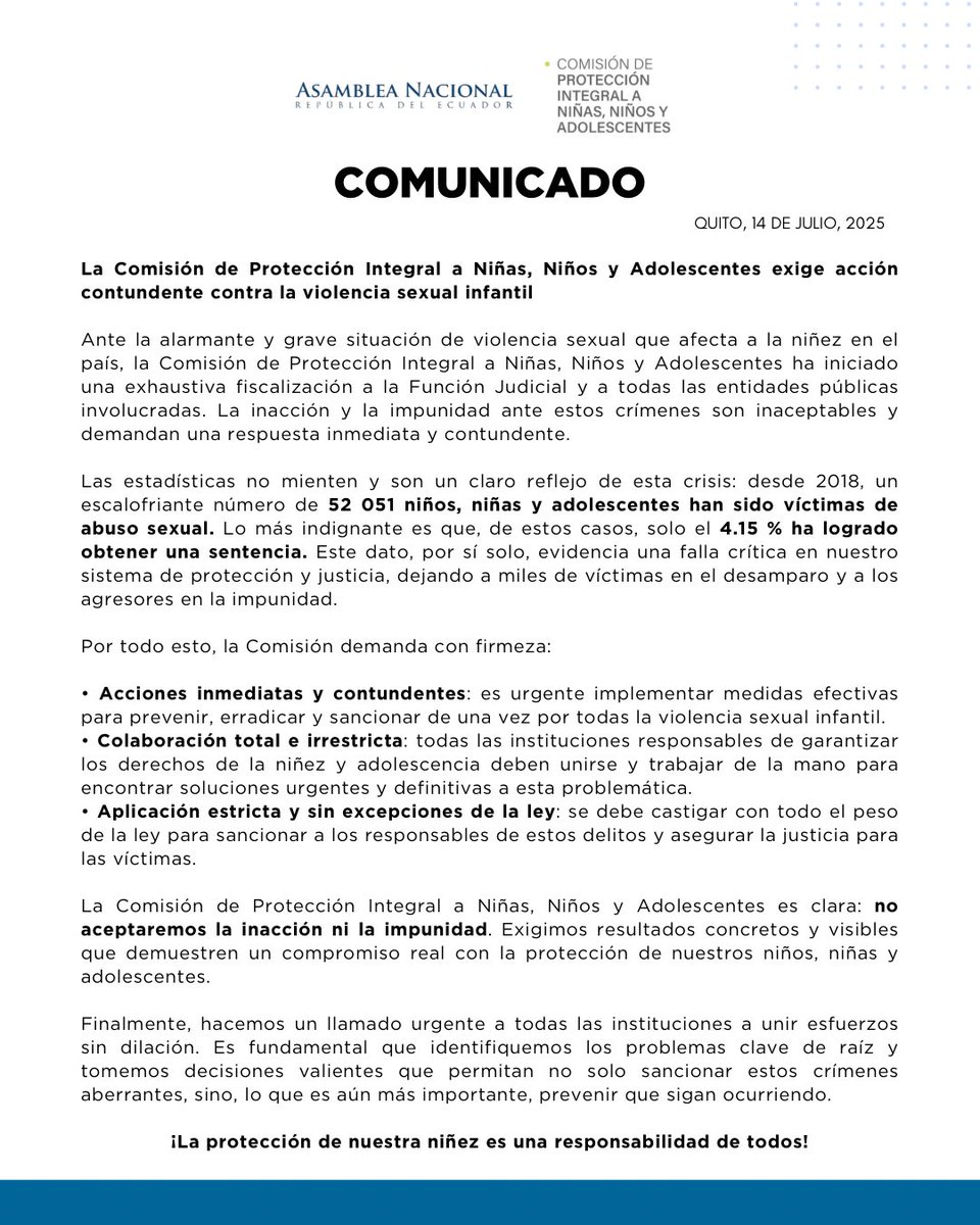 🚨 La Comisión de Protección Integral a Niñas, Niños y Adolescentes inicia formalmente el proceso de fiscalización contra la violencia sexual infantil a nivel institucional y clerical.