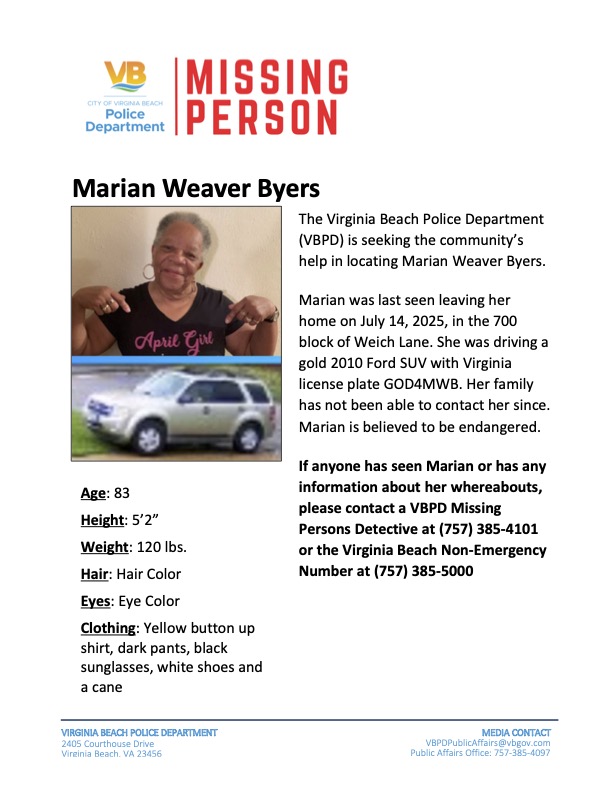 VBPD's tweet image. Missing Person Alert — Virginia Beach, VA.
Have you seen this missing adult? If you have any information about this person's whereabouts, please contact a VBPD Missing Persons Detective at (757) 385-4101 or the Virginia Beach Non-Emergency Number at (757) 385-5000.
#VBPDAlert