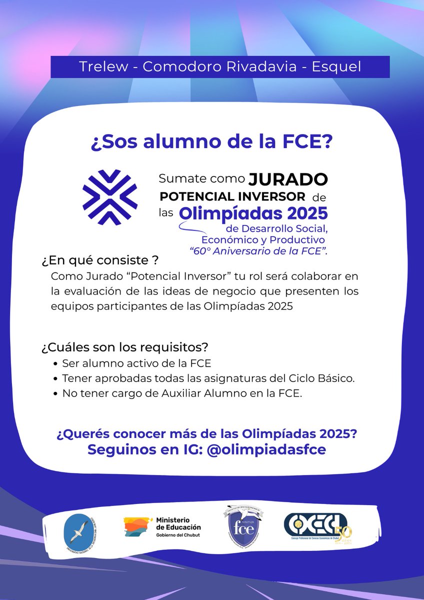 🚨 ¿Estudias en la #FCE?
¿Te imaginás ser parte de una experiencia única, ayudando a potenciar ideas con impacto social, productivo y económico?
➡️Sumate como Jurado "Potencial Inversor" en las #Olimpíadas2025 
📅 Inscribite👉 forms.gle/bsd6mQg8hxeFv1… 
#Innovación #Estudiantes
