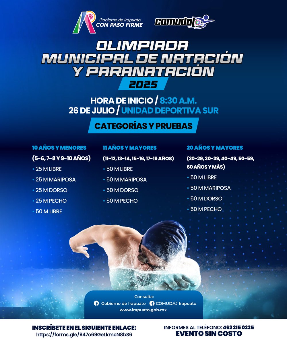 💜🏊‍♀️En Irapuato, construimos espacios para todas y todos.

La Olimpiada Municipal de Natación y Paranatación 2025 es un evento donde la igualdad, el respeto y la participación van de la mano.

🔗 Regístrate: forms.gle/H1Qw3ZH7M84H7N…

Evento gratuito. ¡Participa!