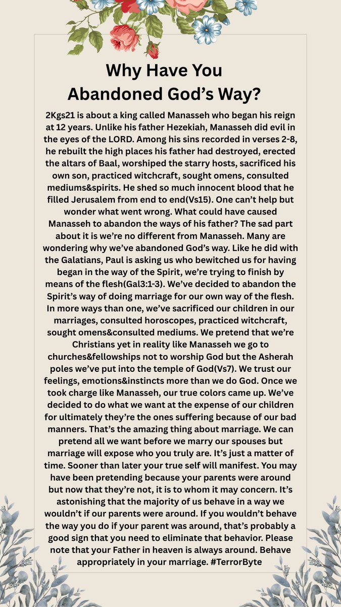 kamuteera's tweet image. As Paul asked the Galatians are we so foolish that after beginning by the Spirit, are we now trying to finish by means of the flesh?(Gal3:1-3). If we wouldn’t behave the way we do if our parents were present then it’s time to change that behavior. God sees everything. #TerrorByte