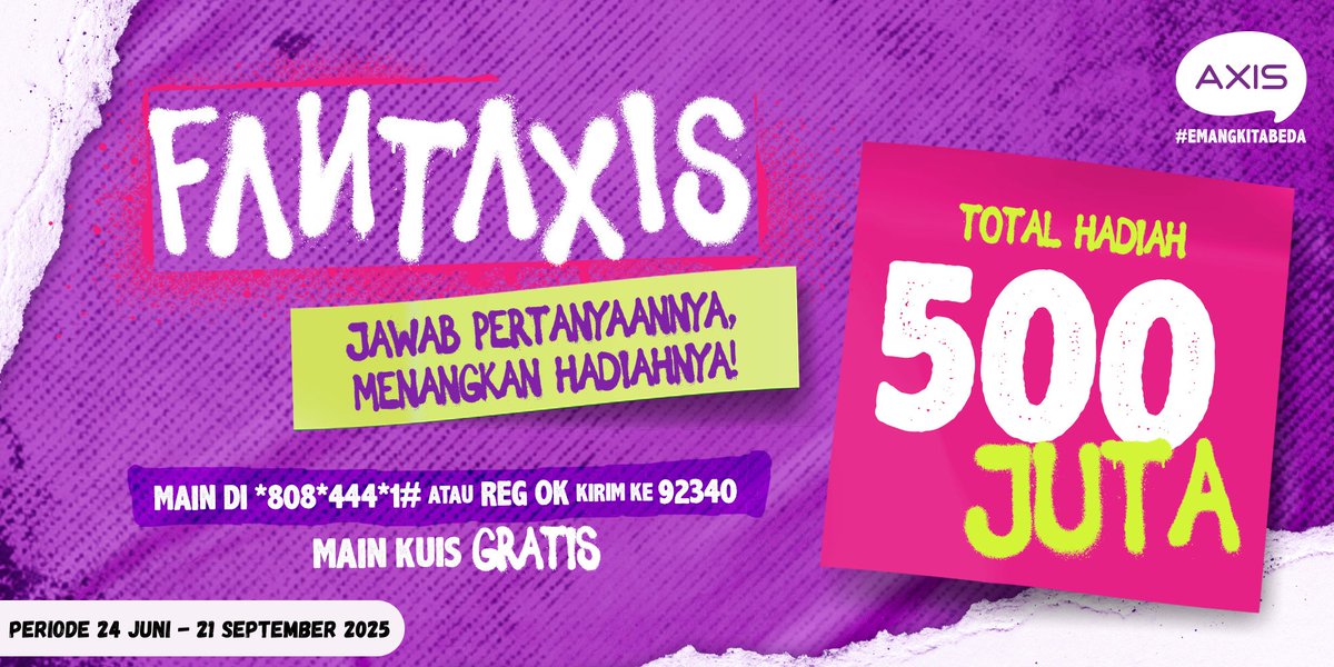 ‼️BREAKING NEWS‼️
Kuis FantAxis Session 35 hadir dengan TOTAL HADIAH Rp 500 JUTA! 🤯 Ada juga telepon gratis, info loker, &amp; tips ampuh.
Jangan lewatkan kesempatan ini sampai 21 September 2025!

Ikuti kuisnya klik: *808*444*1#
Info: axis.co.id/LC #AXIS #FANTAXIS
