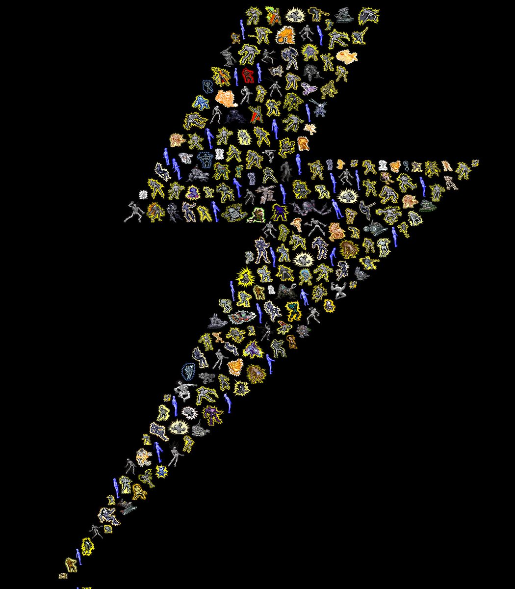 GohBilly1's tweet image. I made a lightning bolt composed of over 200 ! shock sprites from various Fighting Games and Beat 'Em Ups. Zoom in and feel the jolt!