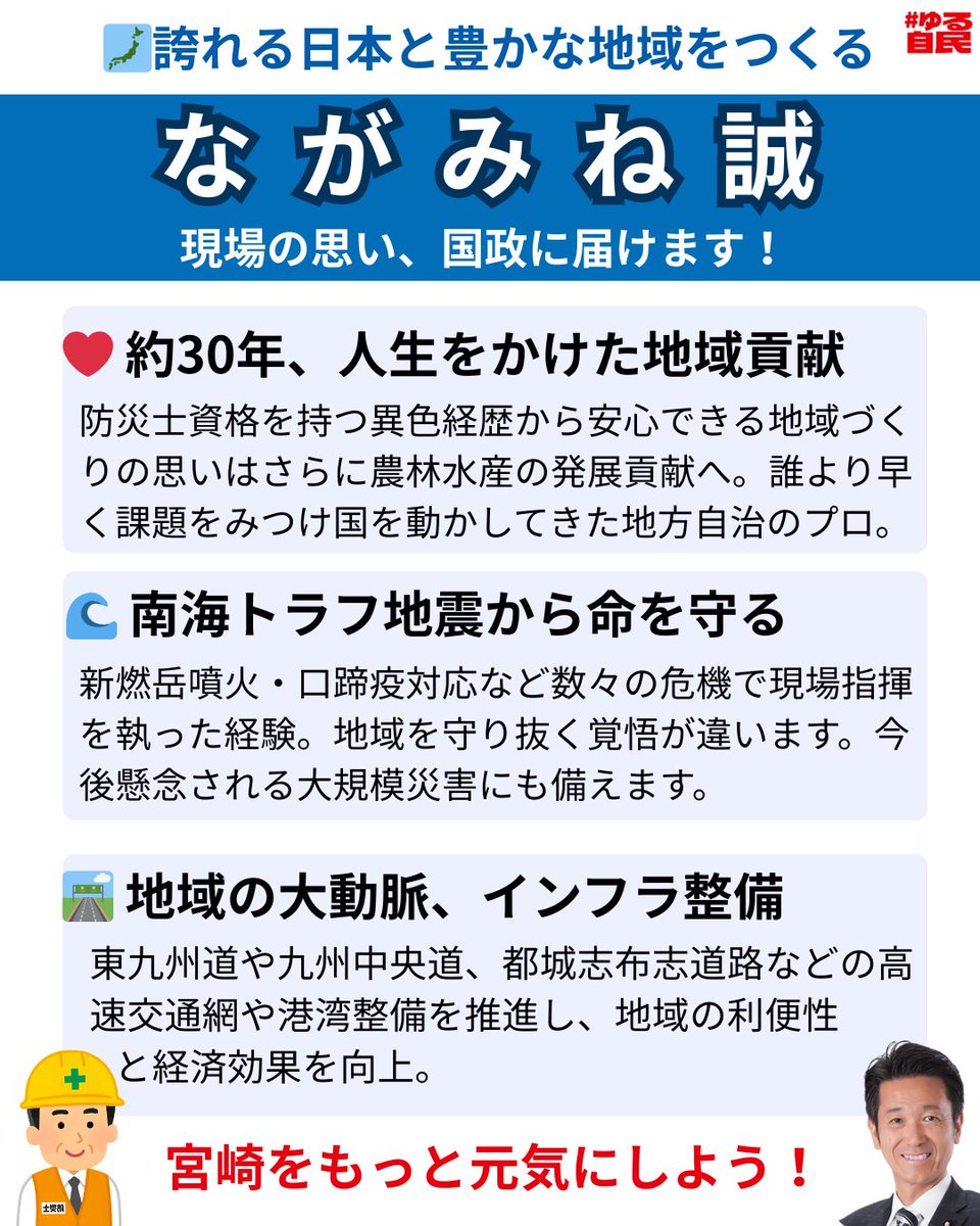 yuru_jimin's tweet photo. 候補紹介：ながみね誠
@Ezyr2Delr4cbI81 

宮崎の危機を乗り越えた実行力💪

元都城市長。あの口蹄疫や噴火災害の陣頭指揮を
執った #ながみね誠 候補です！

ふるさとを守る「防災士」議員が宮崎のみならず
日本の未来も守ります🛡️

#ゆる自民 https://t.co/RoX5tWYcUX