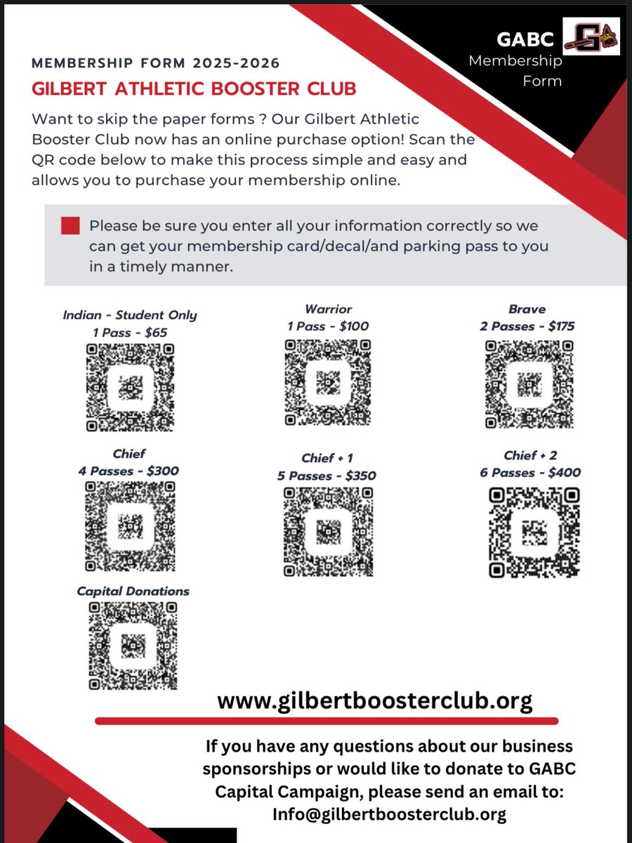 Dear Gilbert Fans, we hope you're having a great summer. Now is the ideal time to become a part of the GABC. For your convenience, use the QR code to register effortlessly and save postage costs. Students can take advantage of an early discount.  gilbertboosterclub.org