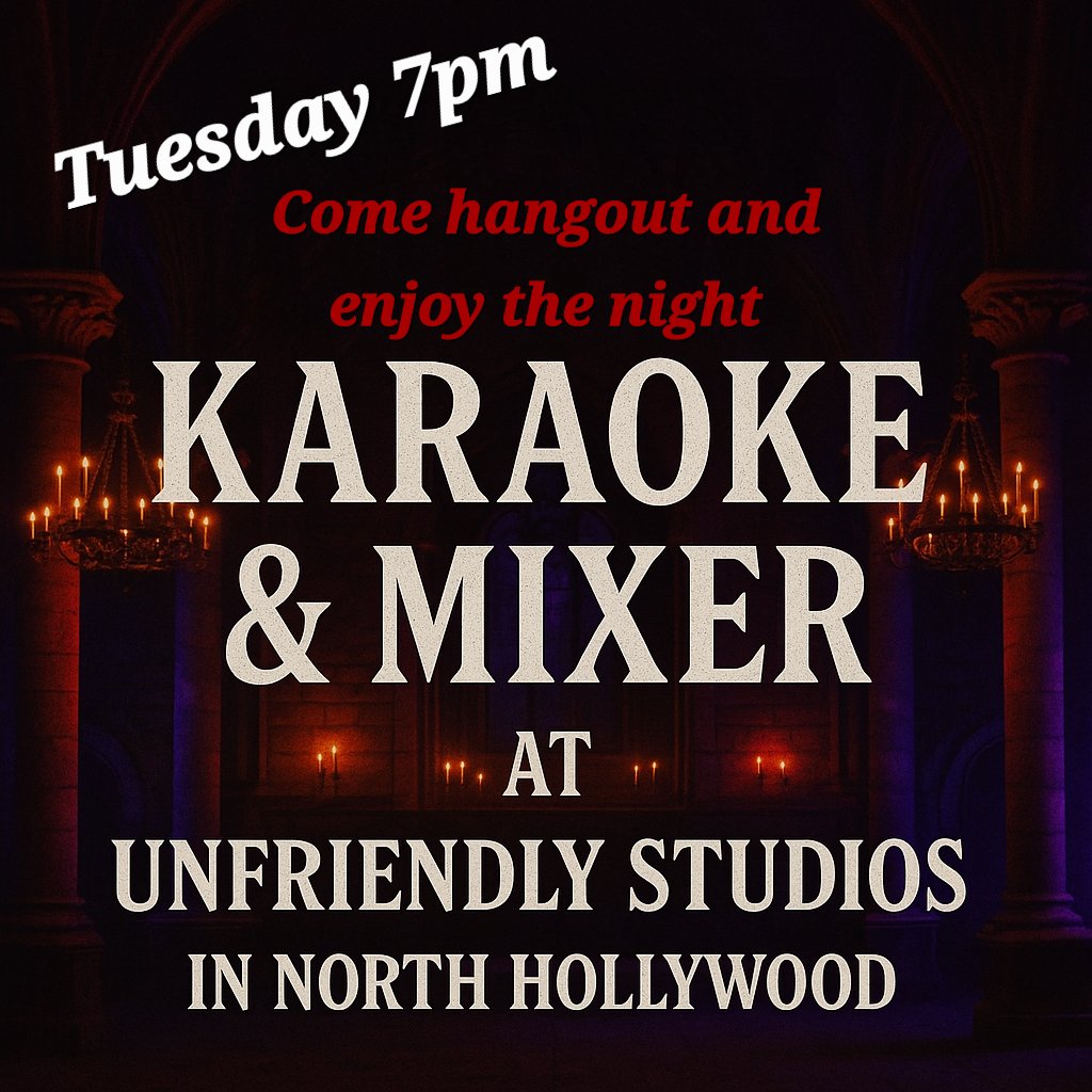 Tuesday at 7pm... Come join me at my studio for karaoke, open Mic and meet some cool people! $10 , bar, snack, we got everything 🎤♥️😊 Unfriendly Studios 
10419 Burbank Blvd North hollywood