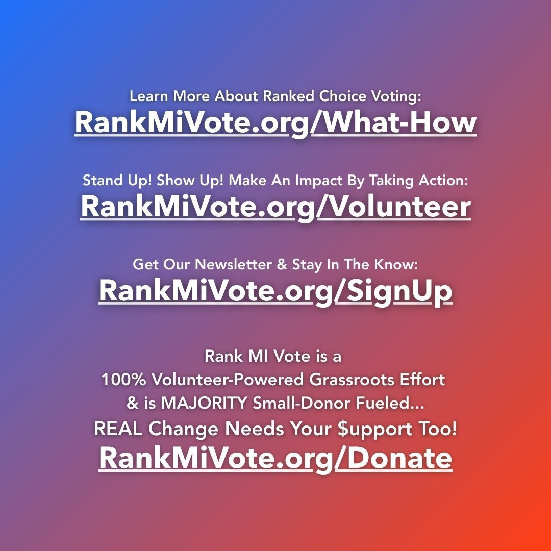 RankMIVote's tweet image. Next RCV 101 online presentation is this Saturday, July 19th! It's a quick and easy way to learn how Ranked Choice Voting works and why it's the upgrade that Michigan wants!
Visit RankMiVote.org/Events to explore more online and in-person events in July and August.…