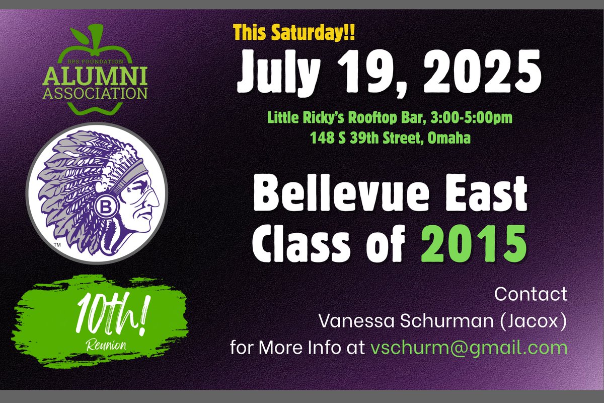 Bellevue Alumni Association (@bpsalumni1) on Twitter photo This Saturday, July 19th, the Bellevue East Class of 2015 will be having a 10-Year Reunion from 3-5pm at Little Ricky's Rooftop Bar in Omaha! Contact Reunion Planner Vanessa Schurman (Jacox) at vschrum@gmail.com for more information! <a href="/ChieftainNation/">Bellevue East</a> <a href="/BellevueSchools/">Bellevue Public Schools</a> This Saturday, July 19th, the Bellevue East Class of 2015 will be having a 10-Year Reunion from 3-5pm at Little Ricky's Rooftop Bar in Omaha! Contact Reunion Planner Vanessa Schurman (Jacox) at vschrum@gmail.com for more information! <a href="/ChieftainNation/">Bellevue East</a> <a href="/BellevueSchools/">Bellevue Public Schools</a>