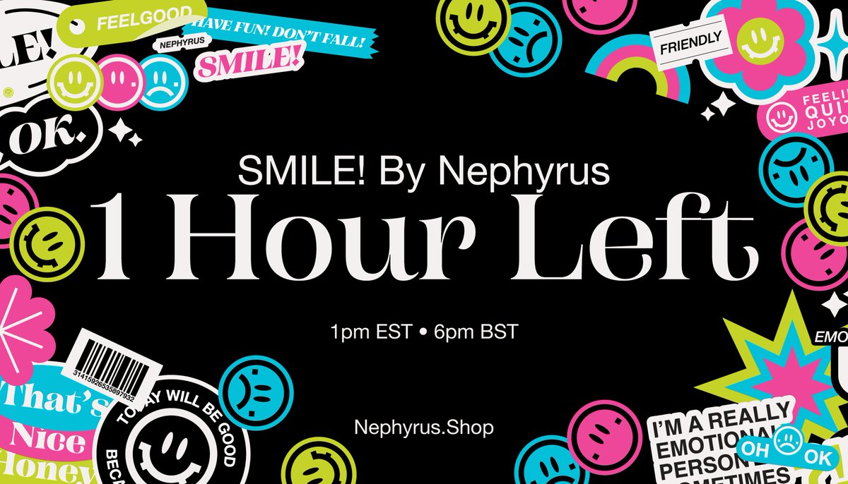 1 hour left until by biggest merch drop yet, SMILE! releases :D Very excited to share it with you all!