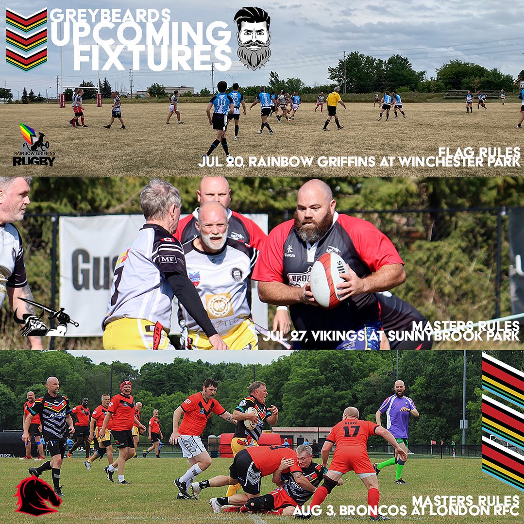 Get ready for an exciting few weeks of Rugby, with three upcoming fixtures!

We kick off against the Rainbow Griffins in Toronto.

Then it’s a showdown with the Vikings at Sunnybrook Park.

And to kick off August we make our first trip to London to take on a well-known rival.