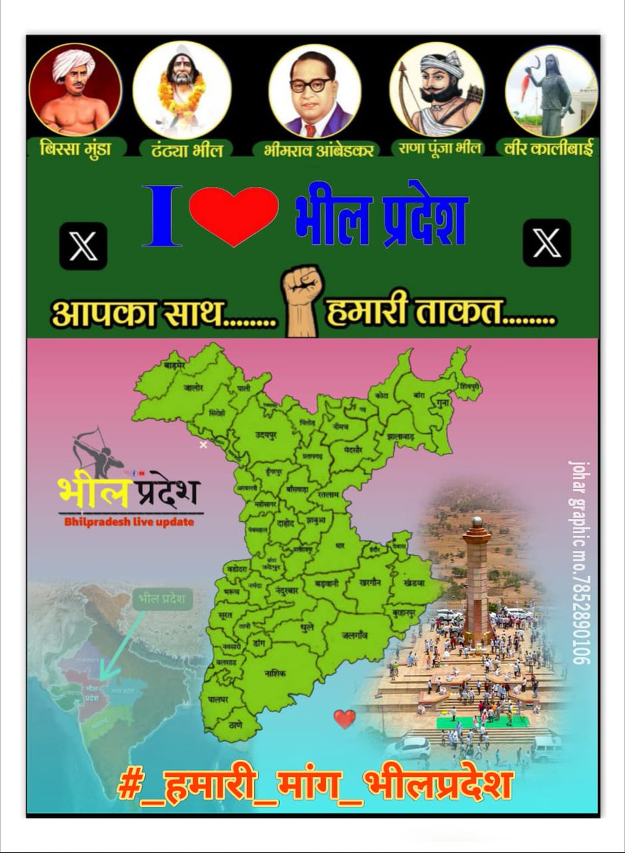 चार राज्यों ने सिर्फ़ शोषण दिया, अब एक राज्य हमें अधिकार देगा राजस्थान, गुजरात, मध्यप्रदेश और महाराष्ट्र के अनुसूचित क्षेत्र एक राज्य = भीलप्रदेश अब यही मांग है, यही संकल्प है!

#हमारी_मांग_भीलप्रदेश

<a href="/rashtrapatibhvn/">President of India</a> <a href="/PMOIndia/">PMO India</a>

<a href="/AmitShah/">Amit Shah</a> <a href="/rajnathsingh/">Rajnath Singh</a>