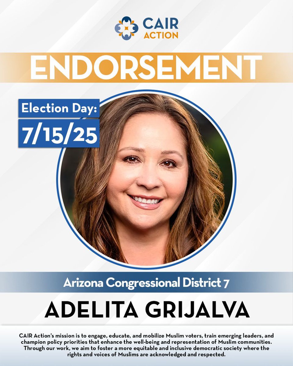 CAIRAction's tweet image. 📣 CAIR Action proudly endorses Adelita Grijalva for Congress in AZ-07!
A proven champion for public education, immigrant and worker rights. She’s called for an immediate ceasefire in Gaza, rebuilding with dignity, and self-determination for Palestinians.
Arizona needs her voice…