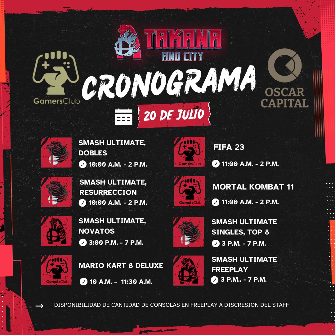 SmashTacna's tweet photo. CRONOGRAMA DE TORNEOS DE TAKANA and CITY‼️
TAKANA And CITY trae dos días de pura acción y competencia con Smash Ultimate y muchos otros juegos para todos los niveles. Aquí tienes todo lo que necesitas saber sobre los horarios y actividades. https://t.co/BBIPQ6kEYv
