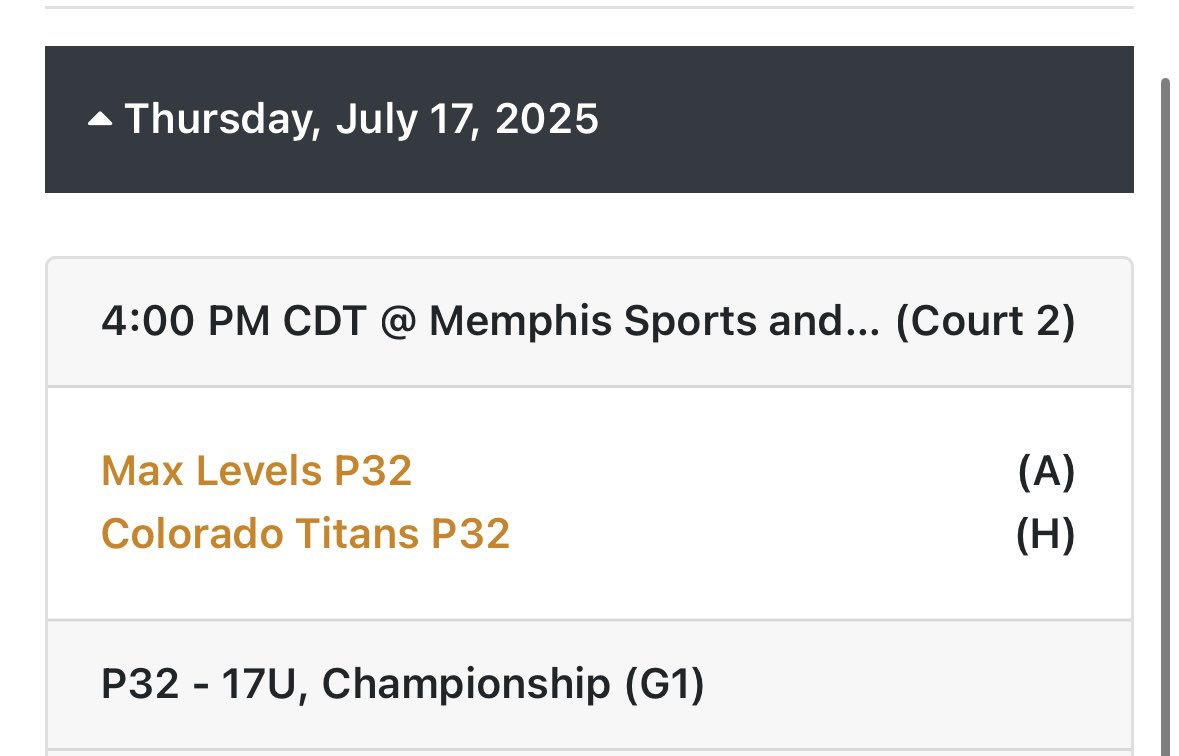 Lake Smith (@lakesmith2026) on Twitter photo Final stop on the <a href="/p32league/">P32 League</a> season. Bracket play this week in Memphis after our last scheduled game on Thursday. <a href="/ColoradoTitans/">Colorado Titans</a> Final stop on the <a href="/p32league/">P32 League</a> season. Bracket play this week in Memphis after our last scheduled game on Thursday. <a href="/ColoradoTitans/">Colorado Titans</a>