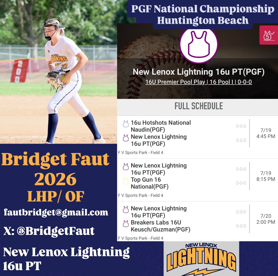 My team will be in California next week to compete in the PGF National Championship! Come check us out!! ⚡️⚡️⚡️
<a href="/LenoxPt/">New Lenox Lightning 16U PT</a> <a href="/NLL18UGold/">New Lenox Lightning 18U Gold</a> <a href="/Coach_Bolden/">Jason Bolden</a> 
<a href="/FlyerSoftball/">Dayton Softball</a> <a href="/CoachBuffUD/">LE✌️</a> <a href="/CoachBdunk/">Brittany Duncan-Houghland</a> <a href="/MikeMeyersFIU/">Mike Meyers</a> <a href="/CoachBee9/">Mike Larabee</a> <a href="/KjirstynNicole/">Kjirstyn❤</a> <a href="/GarrettFurnal/">Coach G.</a> <a href="/bshipman44/">Bill Shipman</a> <a href="/marleewilson/">Marlee Wilson</a>