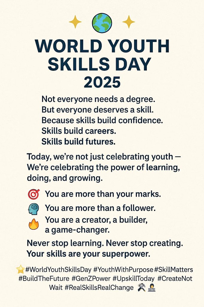 PopularTrendX's tweet photo. β¨ #PopularTrendX β¨
β¨ππ Happy World Youth Skills Day ππβ¨
#WorldYouthSkillsDay #YouthWithPurpose #SkillMatters #BuildTheFuture #GenZPower #UpskillToday #CreateNotWait #RealSkillsRealChange #YouthCanDoIt β¨π οΈπ§βπ»π¬ https://t.co/pBQUC9rin9