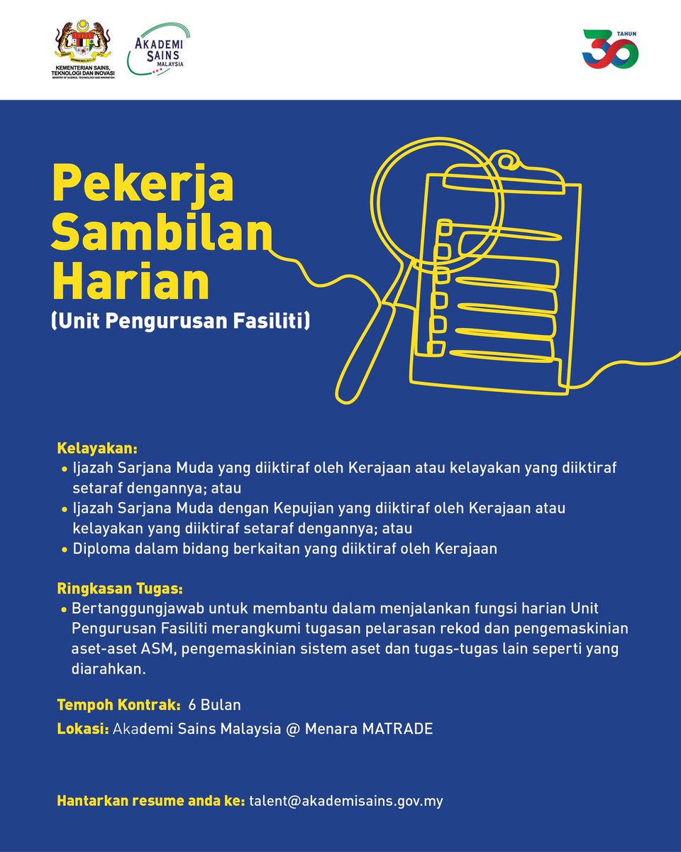 Akademi Sains Malaysia (ASM) kini membuka peluang kepada individu yang berkelayakan dan berdedikasi untuk mengisi jawatan Pekerja Sambilan Harian di Unit Pengurusan Fasiliti.

Sila rujuk poster berikut untuk maklumat lanjut mengenai kelayakan dan skop tugas.

Jika anda memenuhi