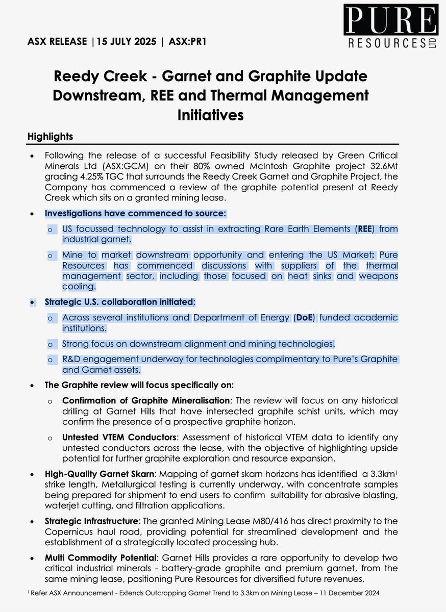 RoccoJT1's tweet photo. $PR1 kicked off graphite review at  Reedy Creek Project (on a granted ML).
surrounded by $GCM  McIntosh project
🔍 REE extraction tech (US) under evaluation on Garnet
🇺🇸 US market entry &amp; thermal sector talks underway #heatsinks #weapons 
🤝 Strategic R&amp;D collabs in motion
#asx https://t.co/3tw2SYvxf7
