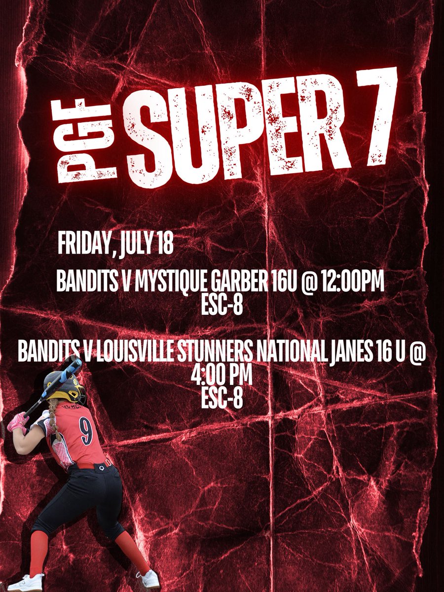 🚨SCHEDULE DROP🚨

No breaks for the Bandits as they conclude their season in Evansville, IN at the PGF Elite Super 7 Showcase! Tune in to GameChanger one last weekend to watch the girls battle against some good 16U teams! 

#gobandits
