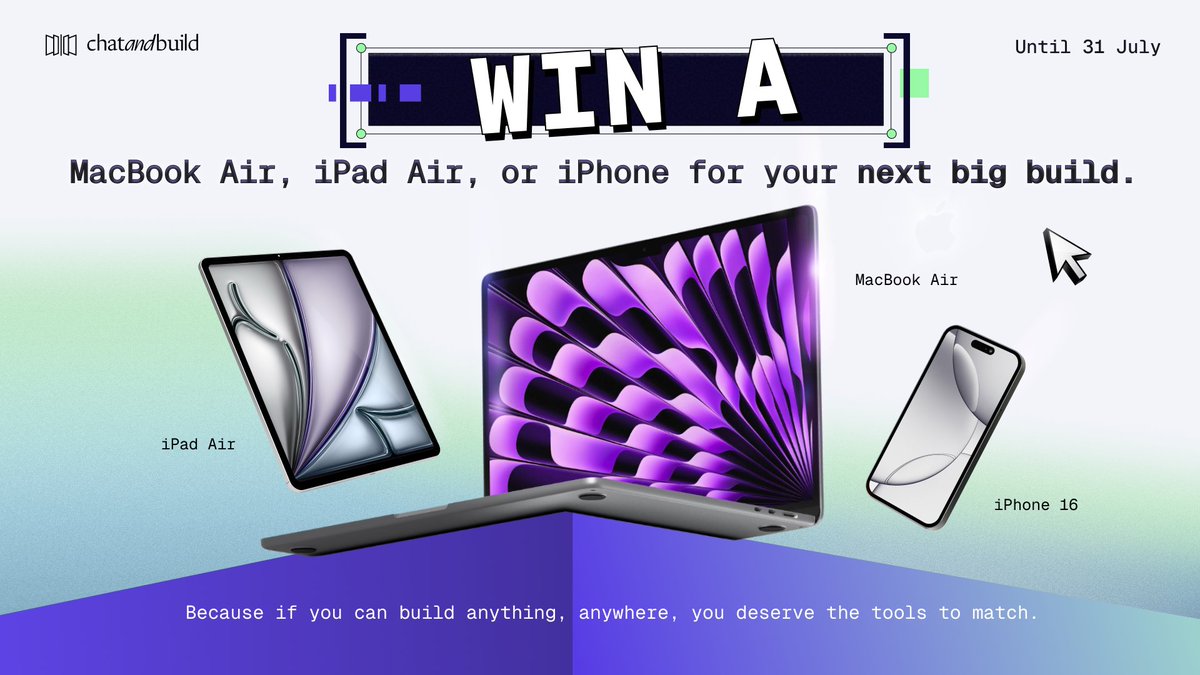 🎁 HUGE GIVEAWAY!

Win a MacBook Air, iPhone 16, or iPad Air for your next big build!

Because ideas are everywhere and now, you can build them anywhere!

How to enter👇

1️⃣ Follow <a href="/chatandbuild/">ChatAndBuild</a> + <a href="/nfaxyz/">nfa</a>
2️⃣ Like + repost this tweet
3️⃣ Reply: What’s the first app you’d build if