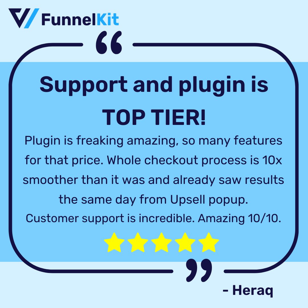 FunnelKitHQ's tweet photo. 😍 Testimonial Tuesday!😍

"Support and plugin is TOP TIER! Plugin is freaking amazing, so many features for that price. Whole checkout process is 10x smoother than it was and already saw results the same day from Upsell popup. 10/10."
- Heraq

#TestimonialTuesday
#FunnelKit https://t.co/v7eMAWYIcM