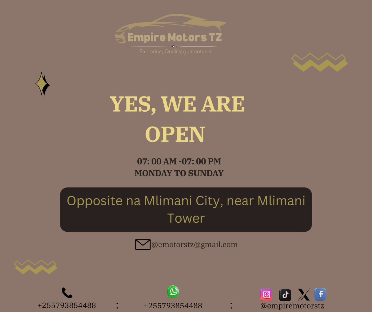 Empire Motors TZ (@empiremotorstz) on Twitter photo Tunaanza na Mungu.๐๐พ
โฐ Jumatatu โ Jumapili
๐ Saa 1:00 Asubuhi โ Saa 1:00 Jioni
Kwa maswali, maelezo au ushauri โ tupo tayari kukusikiliza na kukuhudumia.
Endelea kupambana. Baki kwenye mstari. Amini safari yako.
<a href="/empiremotorstz/">Empire Motors TZ</a> tupo nawe kila hatua.
๐: 0793 854 488 Tunaanza na Mungu.๐๐พ
โฐ Jumatatu โ Jumapili
๐ Saa 1:00 Asubuhi โ Saa 1:00 Jioni
Kwa maswali, maelezo au ushauri โ tupo tayari kukusikiliza na kukuhudumia.
Endelea kupambana. Baki kwenye mstari. Amini safari yako.
<a href="/empiremotorstz/">Empire Motors TZ</a> tupo nawe kila hatua.
๐: 0793 854 488