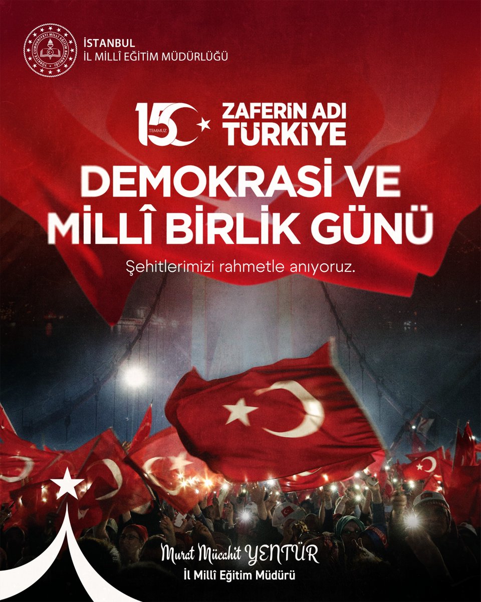 🇹🇷 Hain darbe girişimine karşı aziz milletimizin imanla, cesaretle ve kararlılıkla yazdığı direniş destanının dokuzuncu yılında, vatan uğruna can veren tüm şehitlerimizi rahmetle, kahraman gazilerimizi minnetle anıyoruz.

15 Temmuz Demokrasi ve Millî Birlik Günü, birliğimizden,