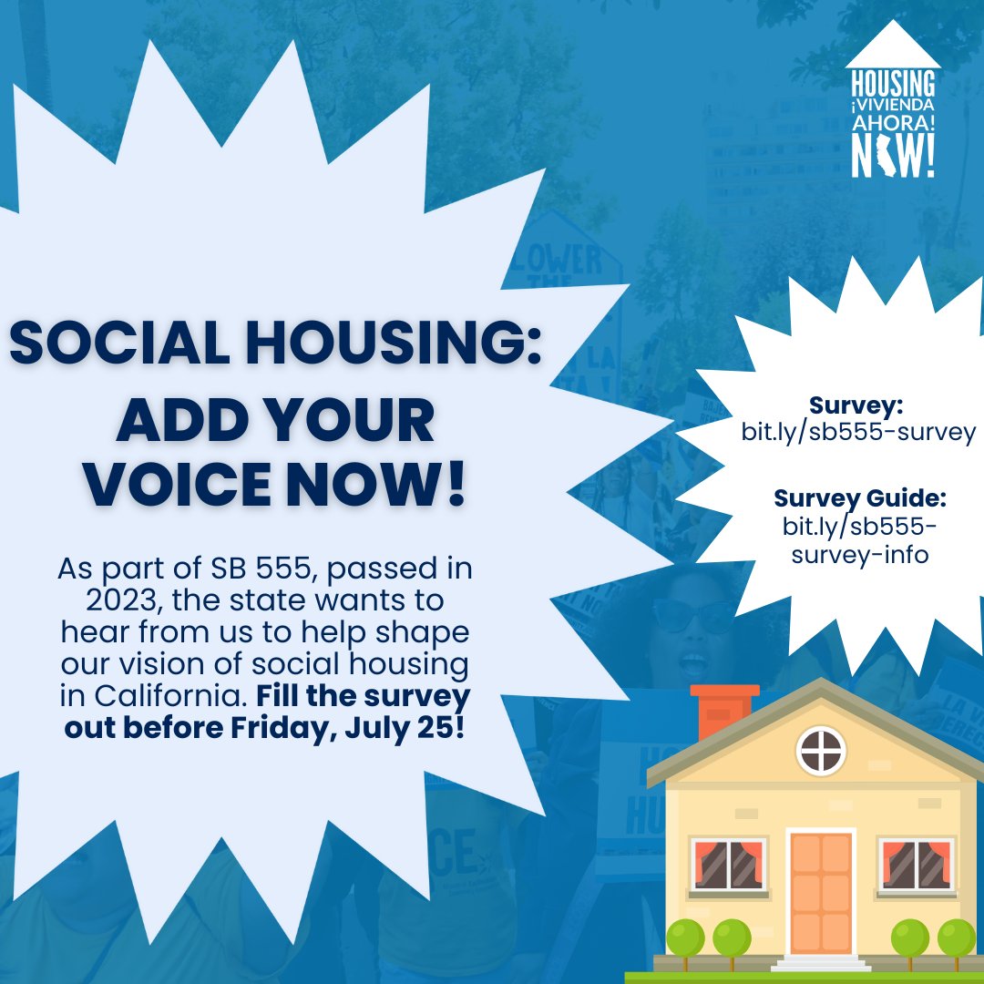 🏡 Social housing puts people over profit — and now CA wants to hear from YOU! As part of the #SB555 study, share your vision for what social housing should be in our state!

📝 Survey: bit.ly/sb555-survey
📘 Guide: bit.ly/sb555-survey-i…
⏳ Deadline: July 25